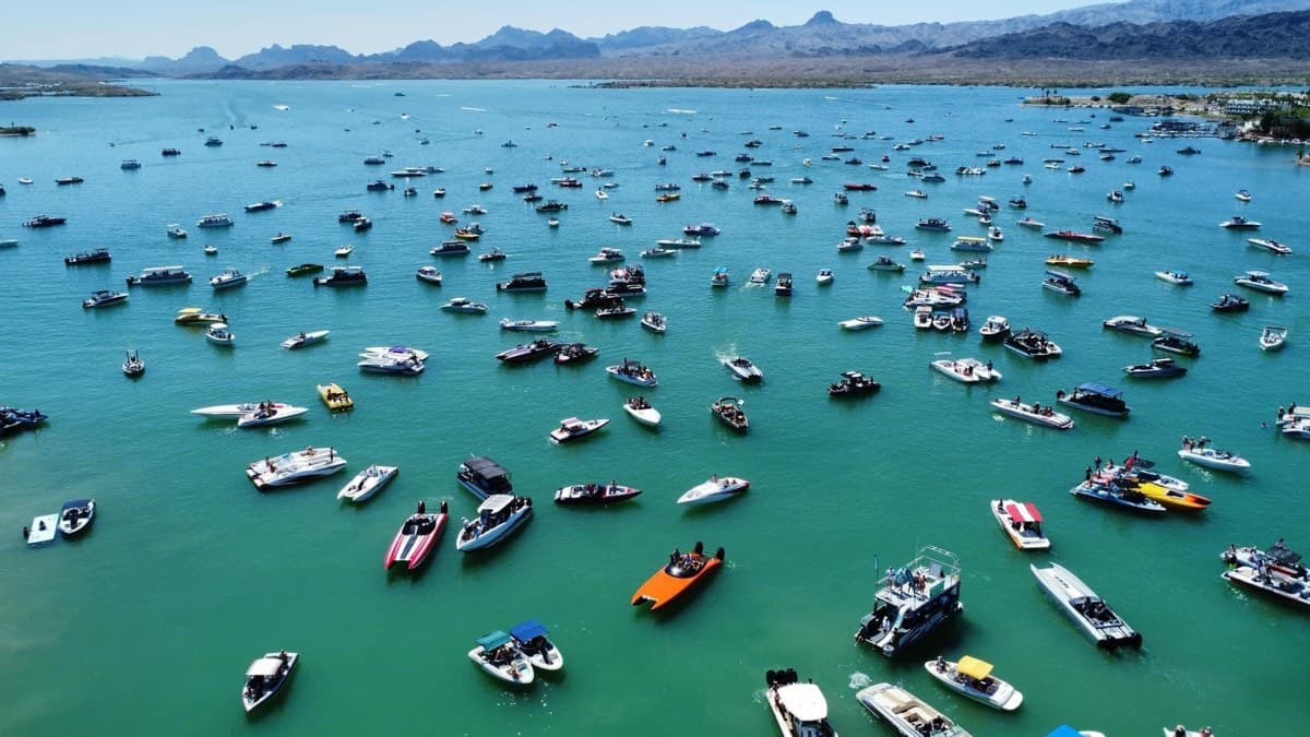 The fleet rafted up on Lake Havasu, seen from the air