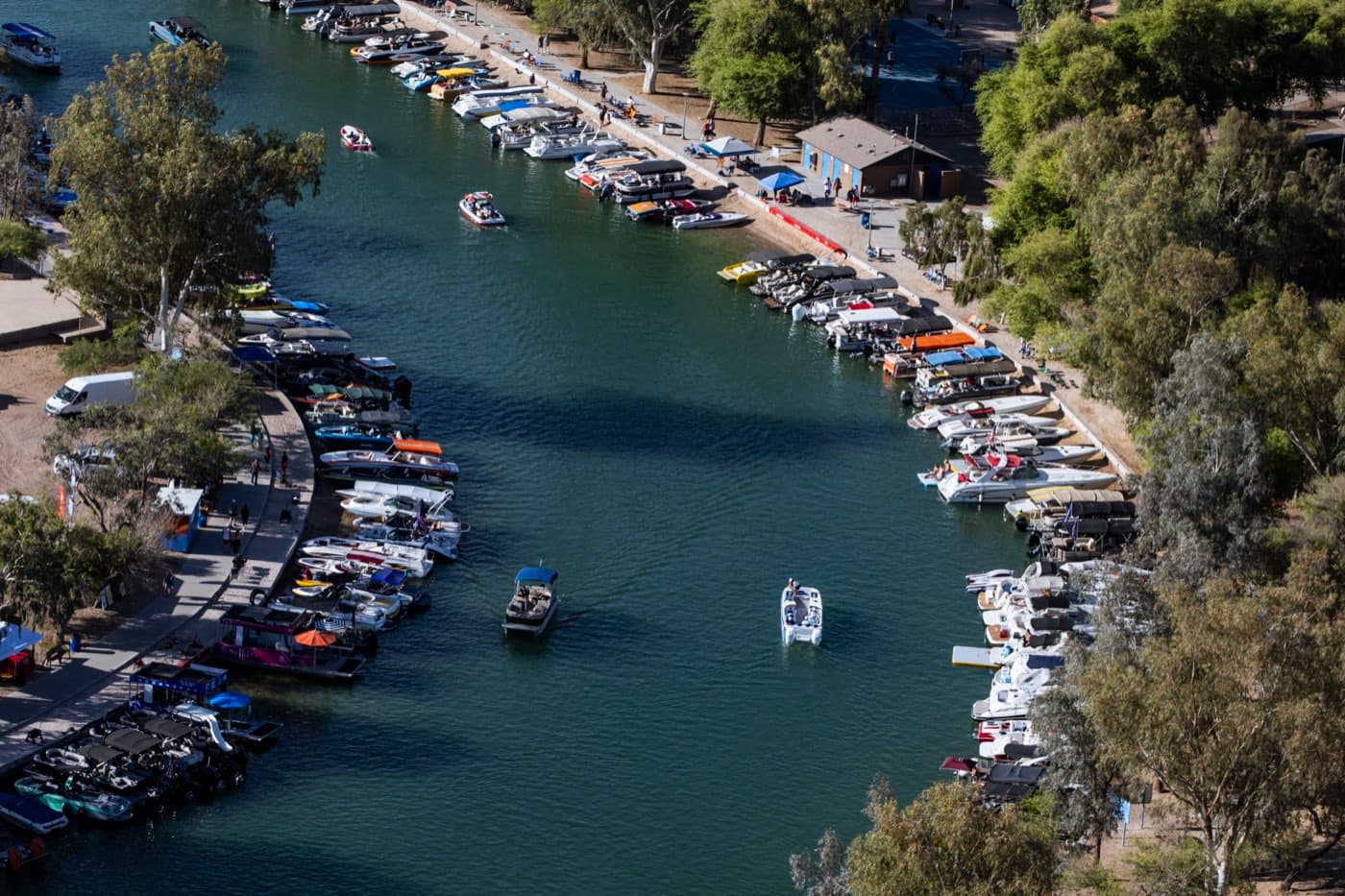 The Bridgewater Channel from the air, boats moored along both banks